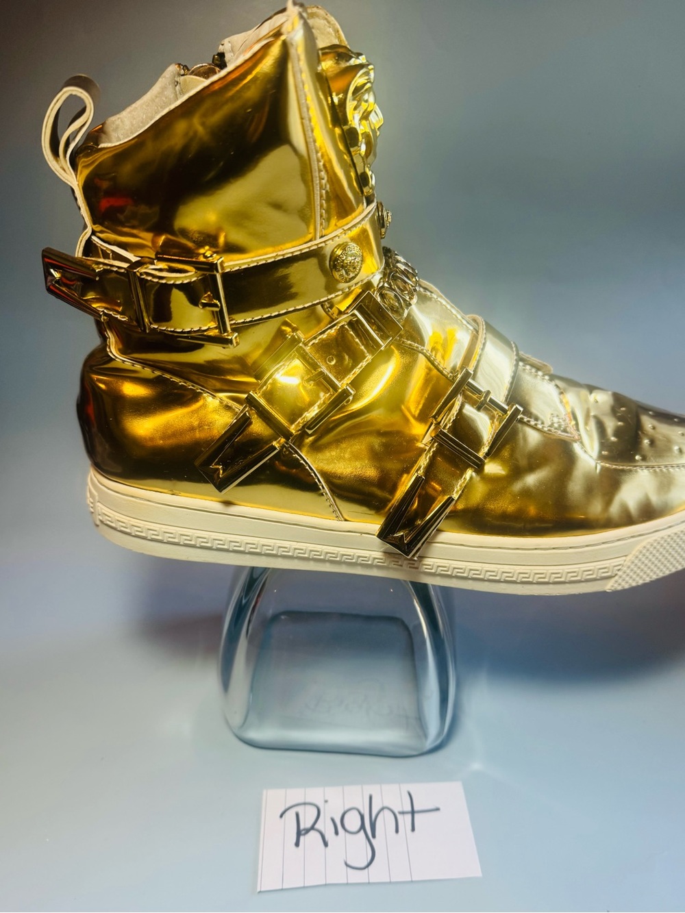 Versace Metallic Gold High-Top Sneakers with Medusa Plaques - Picture 14 of 16